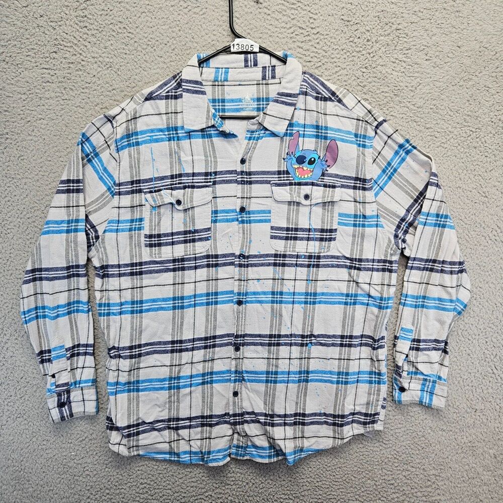 Disney Stitch Shirt Mens XL White Blue Black‎ Plaid Long Sleeves Button Up